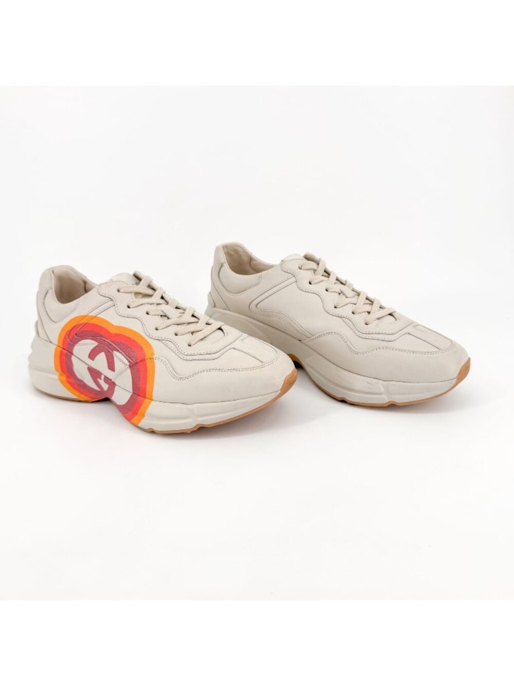 Gucci Rhyton Beige Leather Rainbow GG Logo Sneakers Size 39.5 US 9.5 Women's
